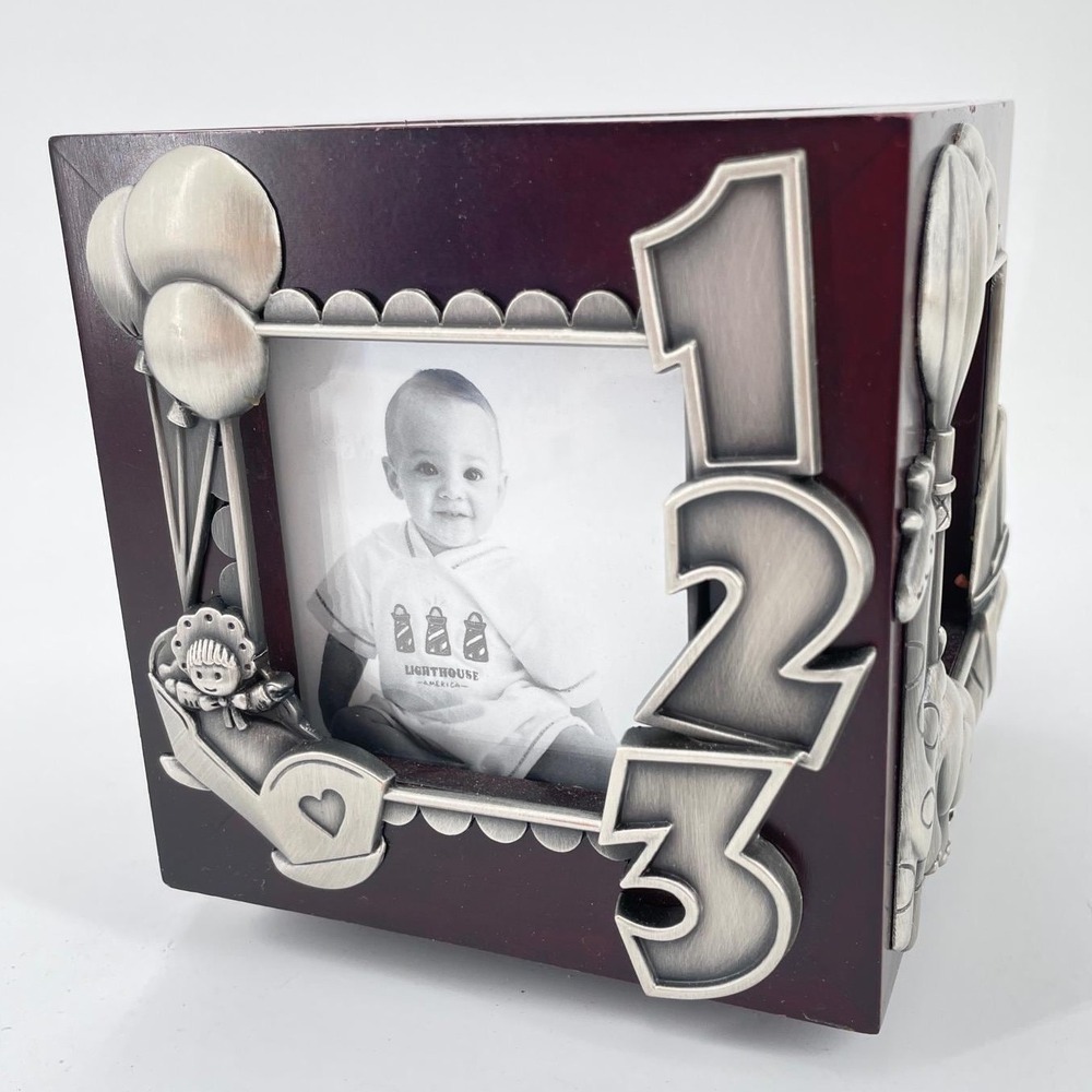 Royal Limited Silver Rotating Wood Baby Photo Cube Music Twinkle Little Star Vtg